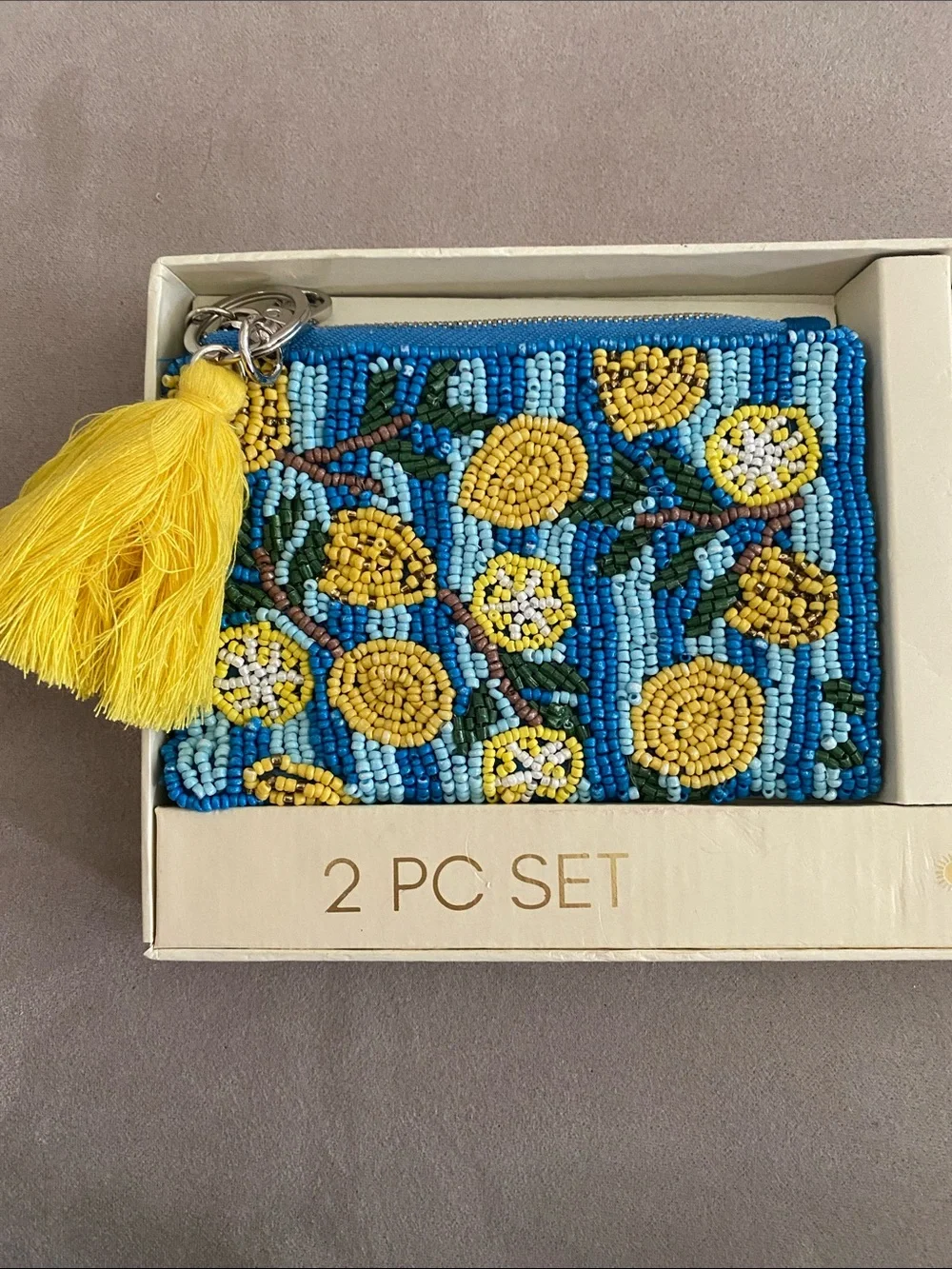 Handmade Blue & Yellow Beaded Coin Purse and Lemon Keychain SET